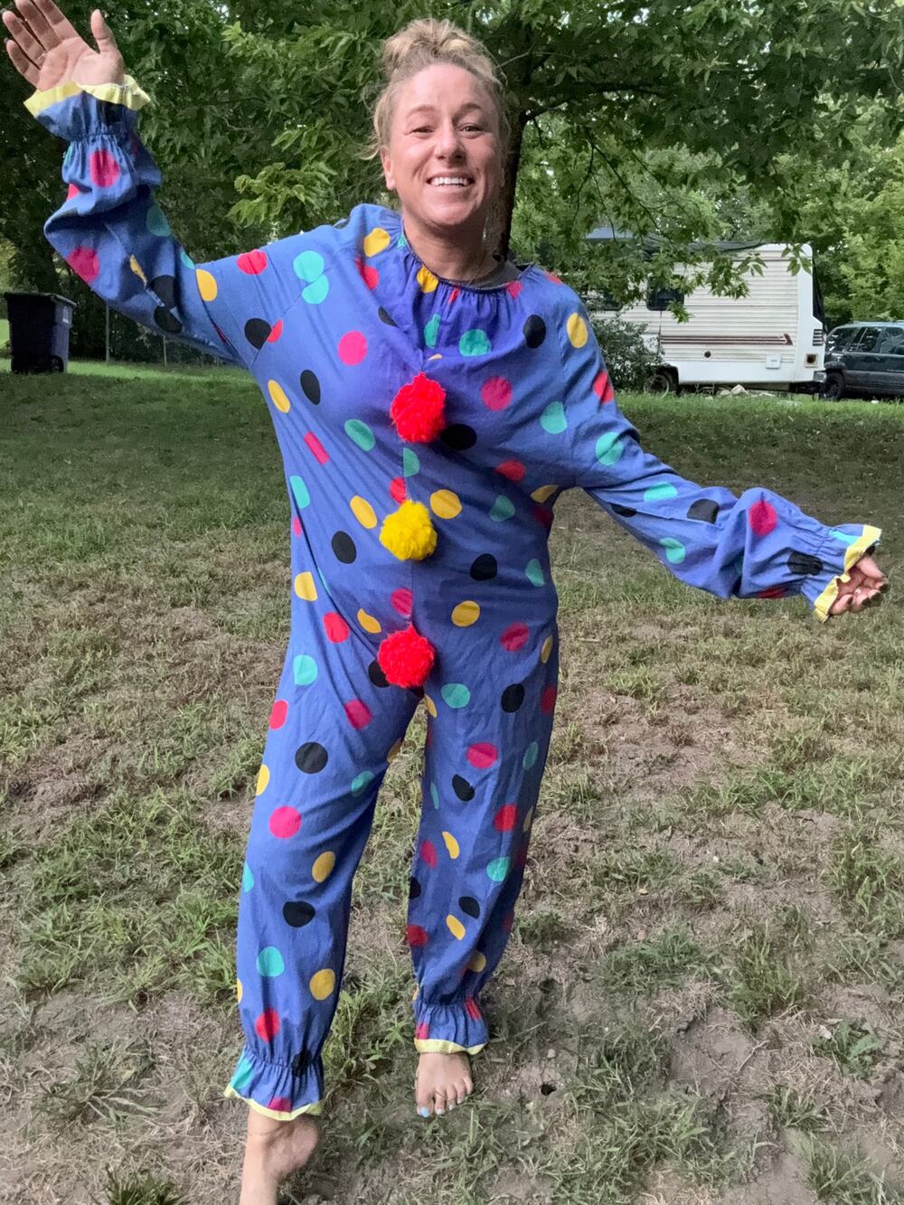 Vintage handmade blue Polkadot clown suit with pom detail on front MEDIUM?